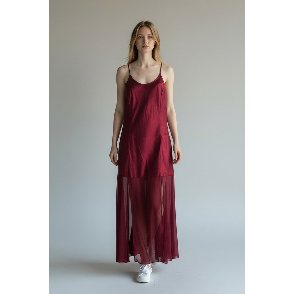 Vintage Victorias Secret Gold Label 100% Silk Slip Maxi Dress Red Sheer Hem Slit